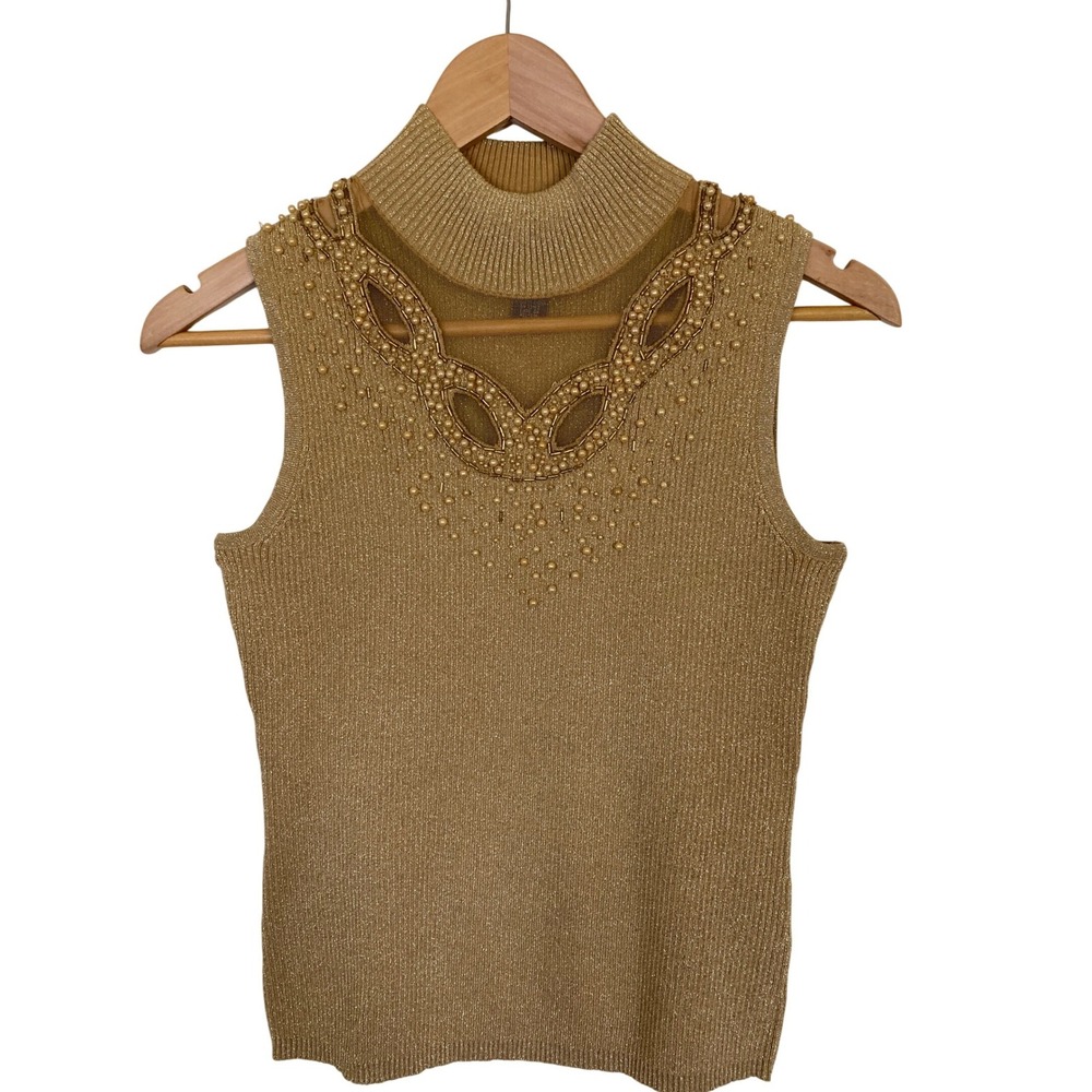 Cable & Gauge Gold Metallic Silk Blend Embellished Mock Neck Top Petites PS